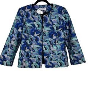 Kasper Jacquard Quarter-Sleeve Flyaway Jacket Blazer Sea Glass NWT